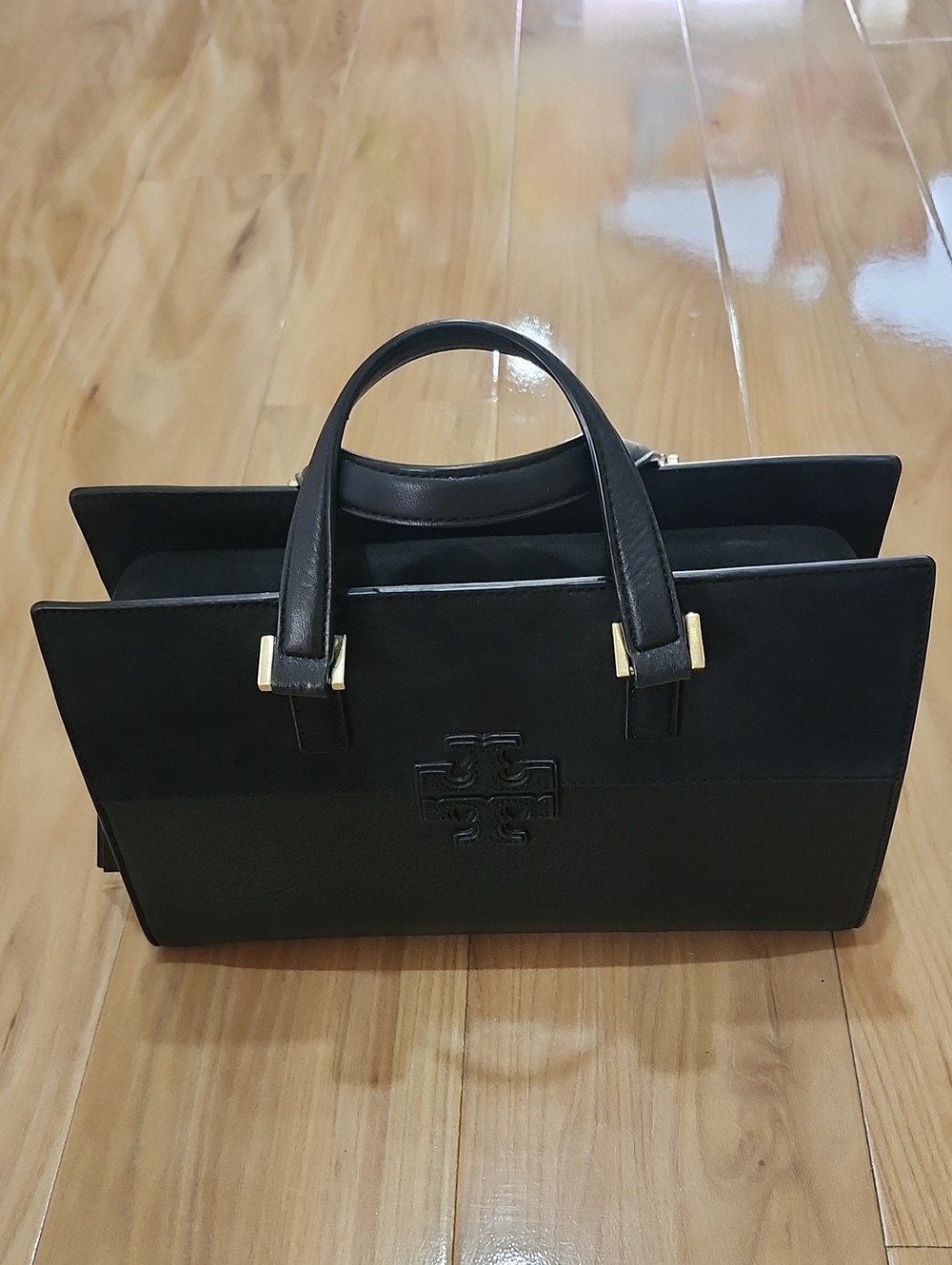Tory Burch Black Leather Top-Handle Satchel with Gold Hardware